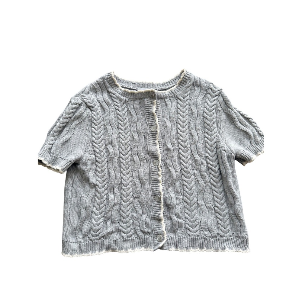Willow & Wind Cable Knit Cardigan Gray Short Sleeve Scallop Trim Women's M
